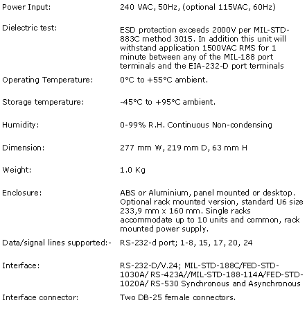 RS-232 (EIA-232)/MIL-STD-188A/MIL-STD-114-A DATA COMMUNICATION INTERFACE CONVERTERS, THIS ISOLATED ASYNCHRONOUS BI-DIRECTIONAL ADAPTER FOR MULTI-DROPPING MILITARY COMMUNICATION CONVERTS RS-232 (EIA-232) SIGNAL TO MIL-STD-188A/MIL-STD-114-A SIGNAL